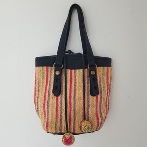 Lucky rattan straw fabric colored blue tote bag